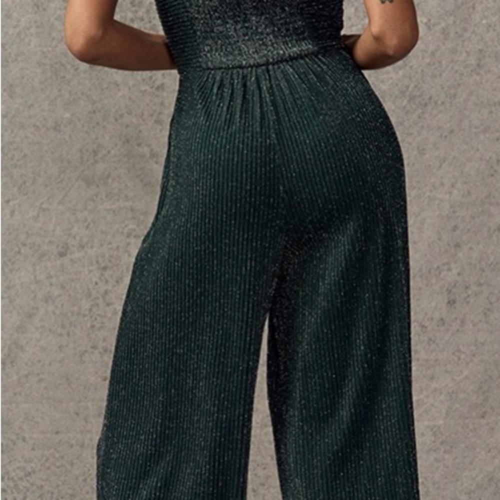 New Francesca’s Dee Square Neck Glitter Elegant Dark Green Jumpsuit Size Small - Picture 4 of 6